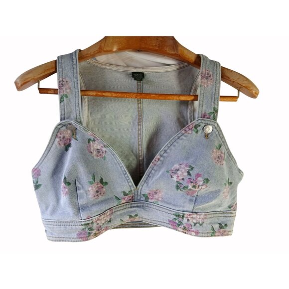 wild fable Tops - Wild Fable Light Blue Denim Floral Crop Top Size M Vest Side Zip Recycled Boho